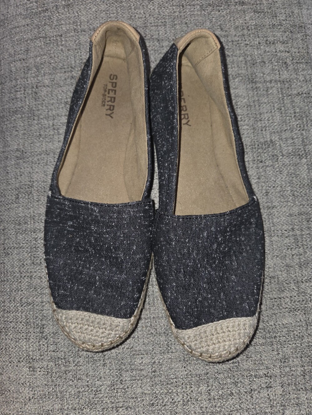Sperry Women's Black Canvas Espadrille Slip-On Flats with Tan Jute Toe, Size 8